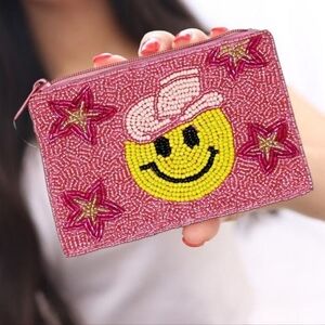 Beaded Smiley Face Coin Purse | Pink Cowboy Hat Emoji Zip Pouch
